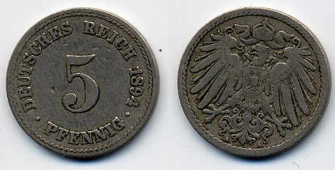 ГЕРМАНИЯ 5 ПФЕННИГОВ 1894 A, KM 11, J. 12 медно-никель 51-5246