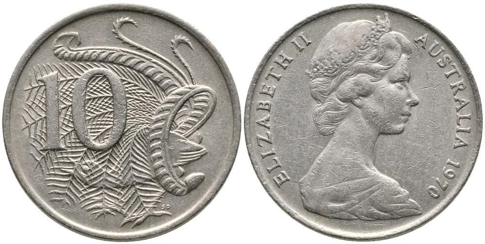 Австралия 10 центов 1970 Елизавета II (1952-), птица лирахвост KM 65 медно-никель 3336-747