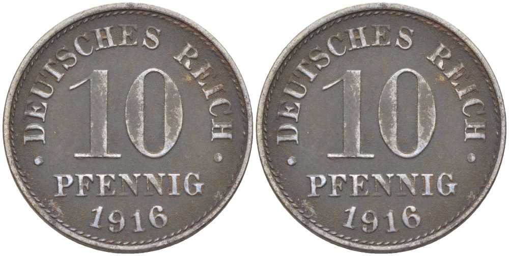 ГЕРМАНИЯ 10 ПФЕННИНГОВ 1916 J, ПЕРВАЯ МИРОВАЯ ВОЙНА KM 20, J.298, Weege 8 железо 202-156