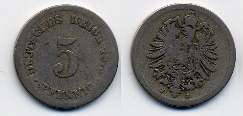 ГЕРМАНИЯ 5 ПФЕННИГОВ 1875 J, СТАРОГЕРБОВКА KM 3, J.3 медно-никель 46-258