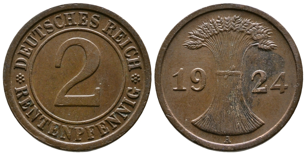 ГЕРМАНИЯ 2 РЕНТЕНПФЕННИГА 1924 A KM 31, J.307 бронза 86-1143