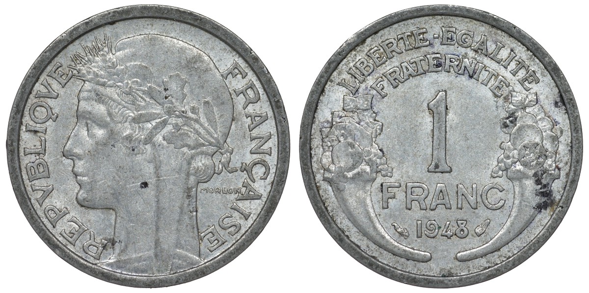 Франция 1 франк 1948 тип Morlon KM 885а.1, Le Franc 221.13 алюминий 4128-325