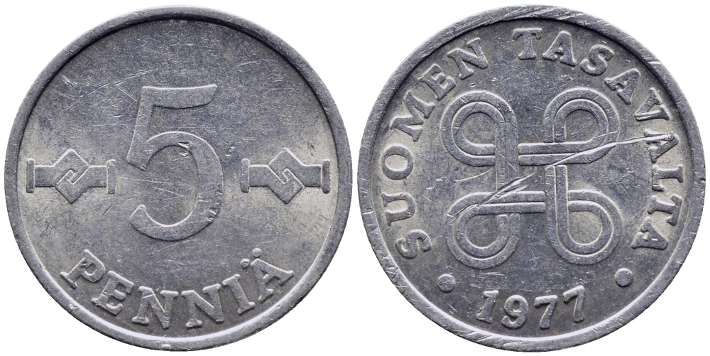 ФИНЛЯНДИЯ 5 ПЕННИ 1977 ПЕРВЫЙ ГОД KM 45а алюминий 71-1555