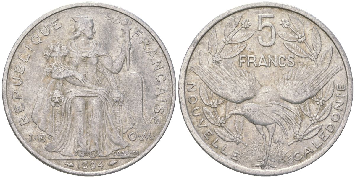 Французская Новая Каледония 5 франков 1994 птица кагу, (IEOM) KM 16, Schoen 12, Lec 81 алюминий 189-133
