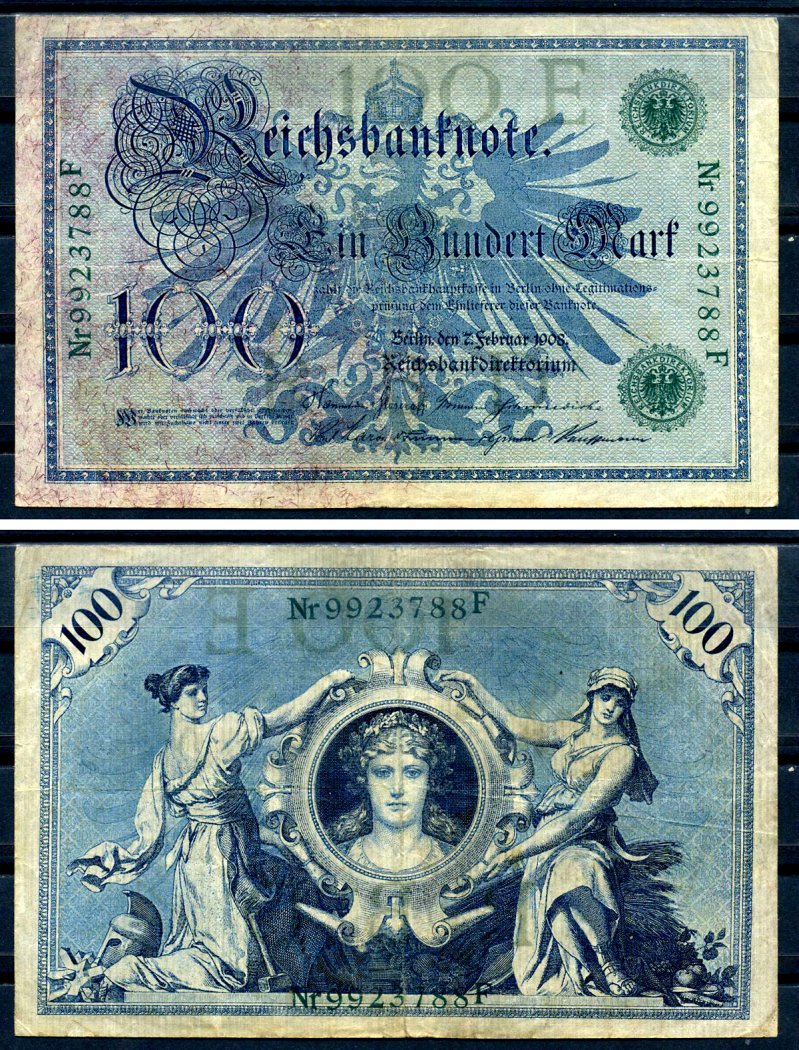 Германия 100 марок 1908 7 февраля 1908, выпуск конец 1916 - ноябрь 1918, зеленая печать Pick 34 бумага 8619-31-1-1