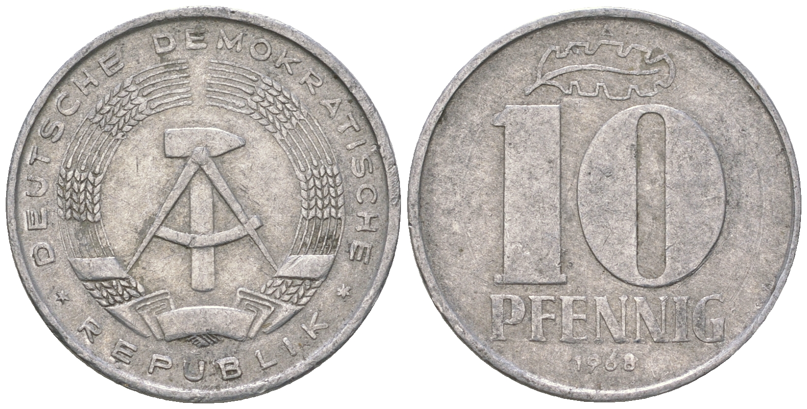 ГДР 10 пфеннигов 1968 A KM 10 алюминий 3459-621