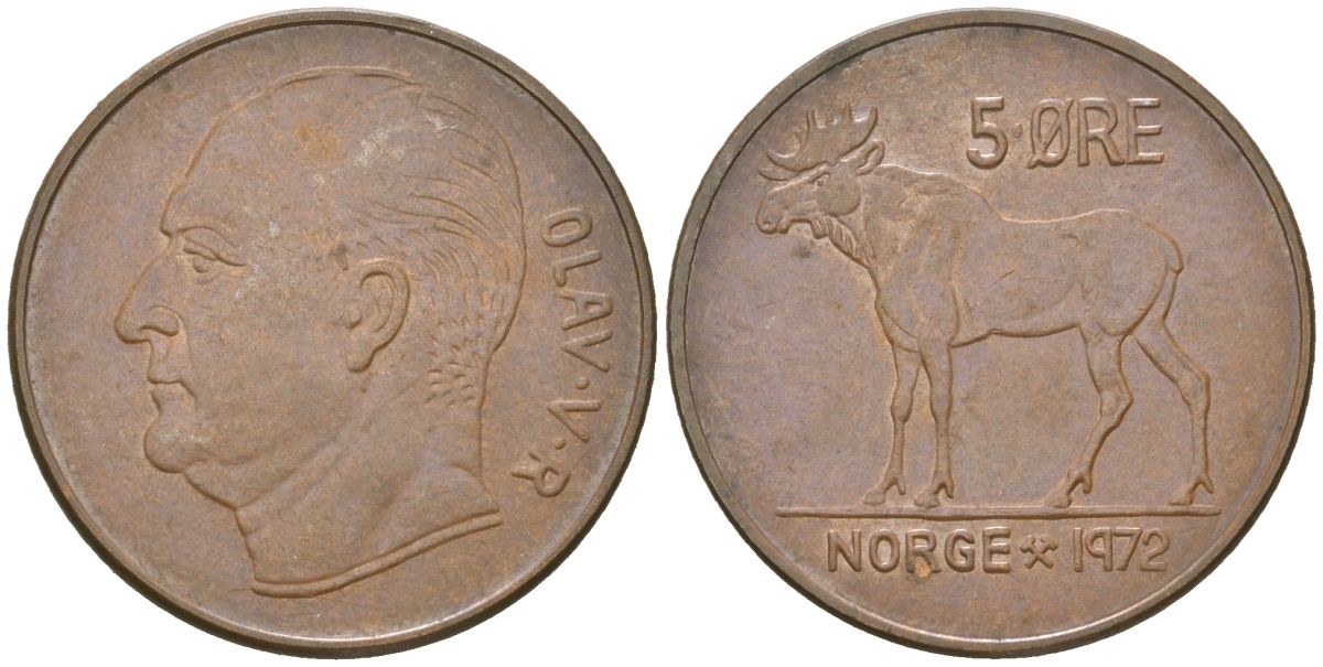 Норвегия 5 эре 1972 лось, Улаф V (1958 - 1991) KM 405 бронза UNC 4119-544