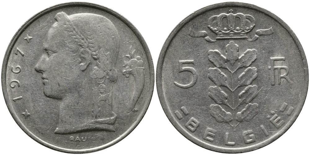 Бельгия 5 франков 1967 Belgie, Бодуэн I (1951-1993) KM 135.1 медно-никель 98-546