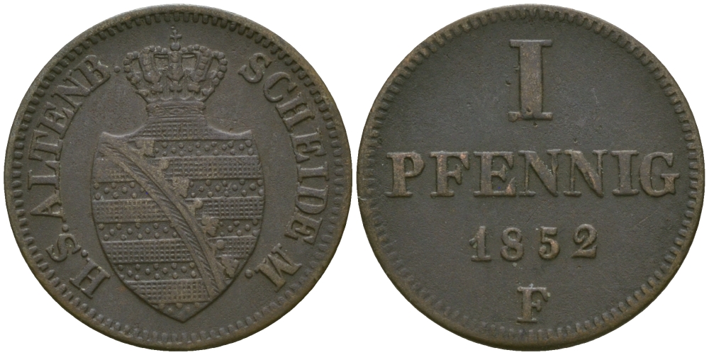 Саксен-Альтенбург 1 пфенниг 1852 F, Георг Саксен-Альтенбургский (1848-1853) KM 11, AKS 60, J. 109 медь    99-625
