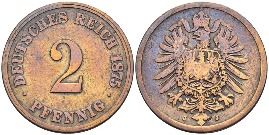 ГЕРМАНИЯ 2 ПФЕННИГА 1875 J, СТАРОГЕРБОВКА KM 2, Jager 2, Weege 3 медь 4546-553