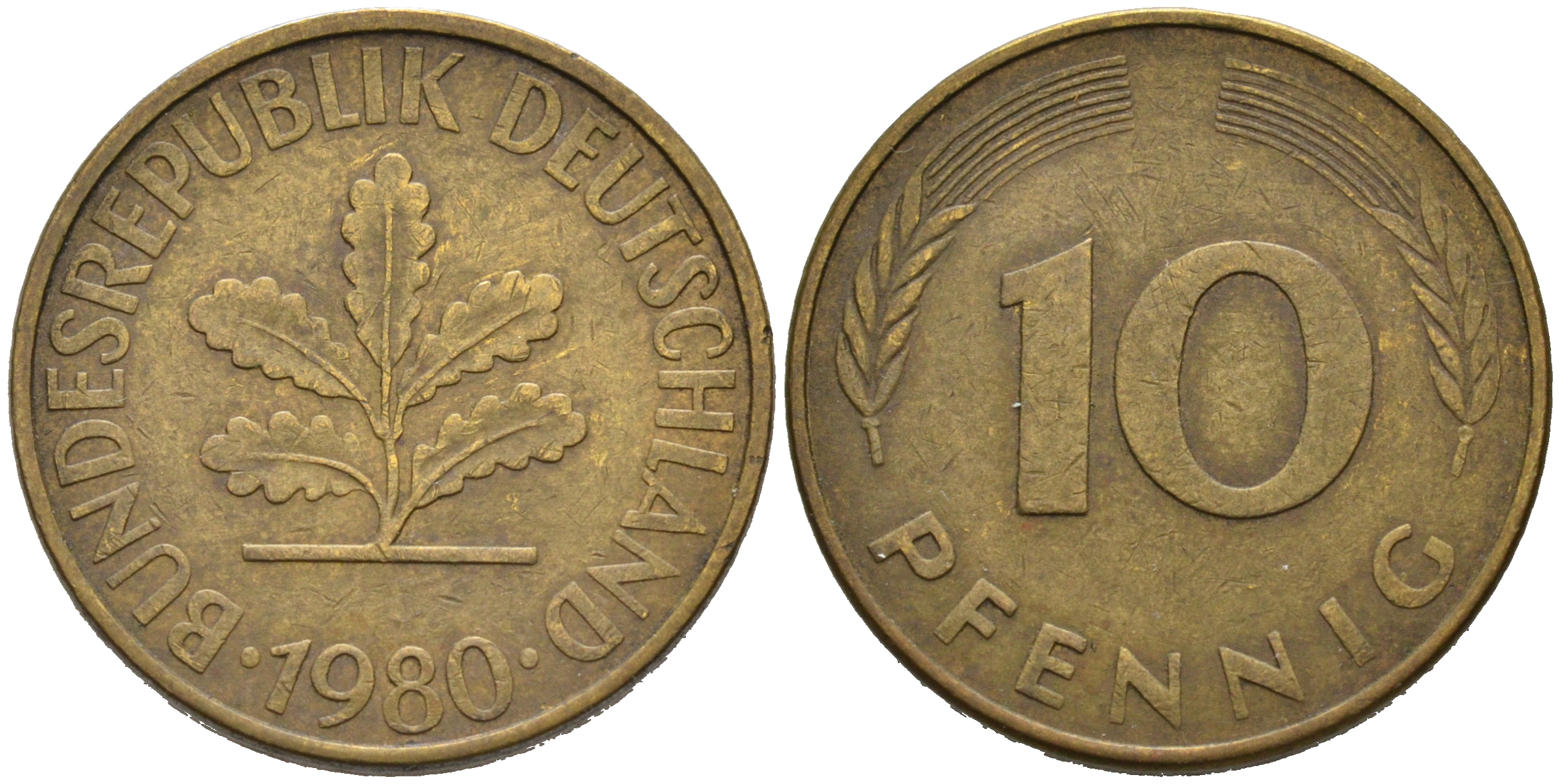 ФРГ 10 ПФЕННИГОВ 1980 J KM 108, J. 383 сталь плакированная латунью 75-646