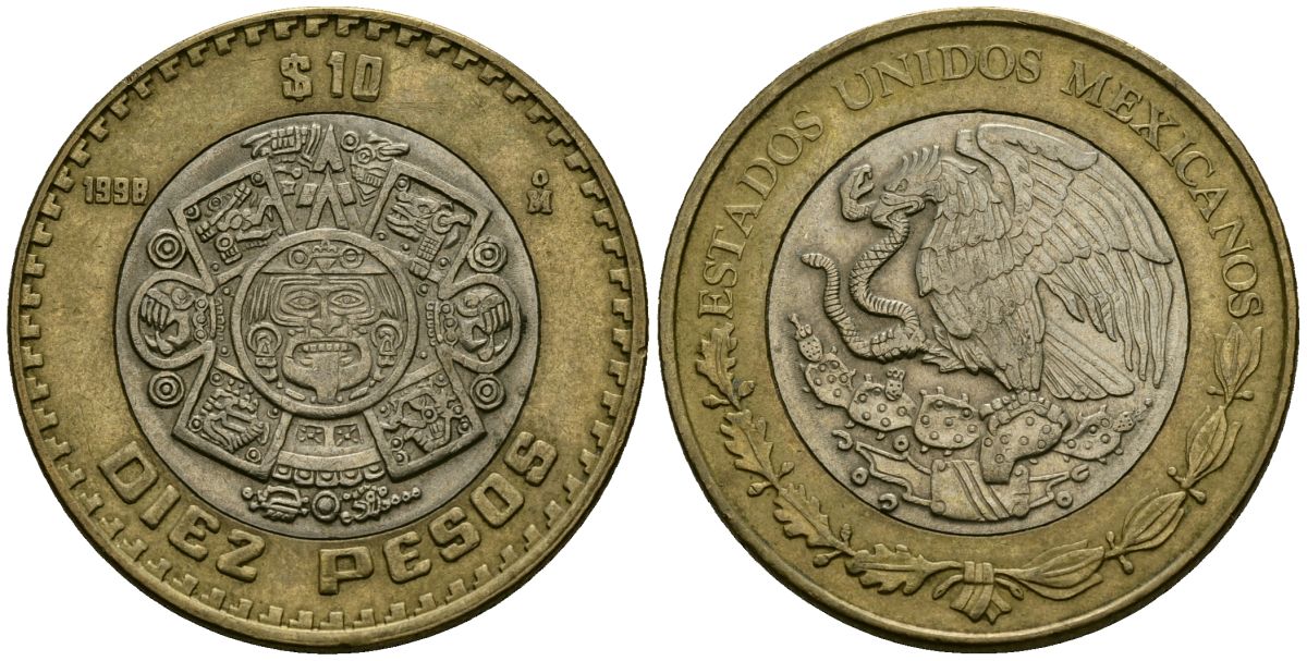 Мексика 10 песо 1998 Мо, бог Тонатиуха с огненной маской KM 616 биметалл 4120-334