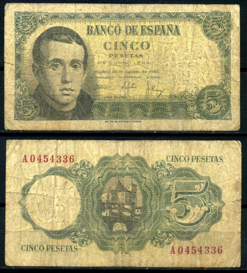 Испания 5 песет 1951 16 августа 1951, Хаиме Лусиано Бальмес Pick 140а бумага 7203-41-3-2