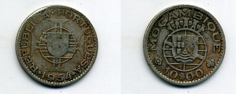 Португальский Мозамбик 10 эскудо 1954 KM 79 серебро 36-144