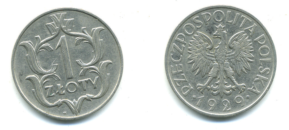 ПОЛЬША 1 ЗЛОТЫЙ 1929 w KM 14 никель 4383-225