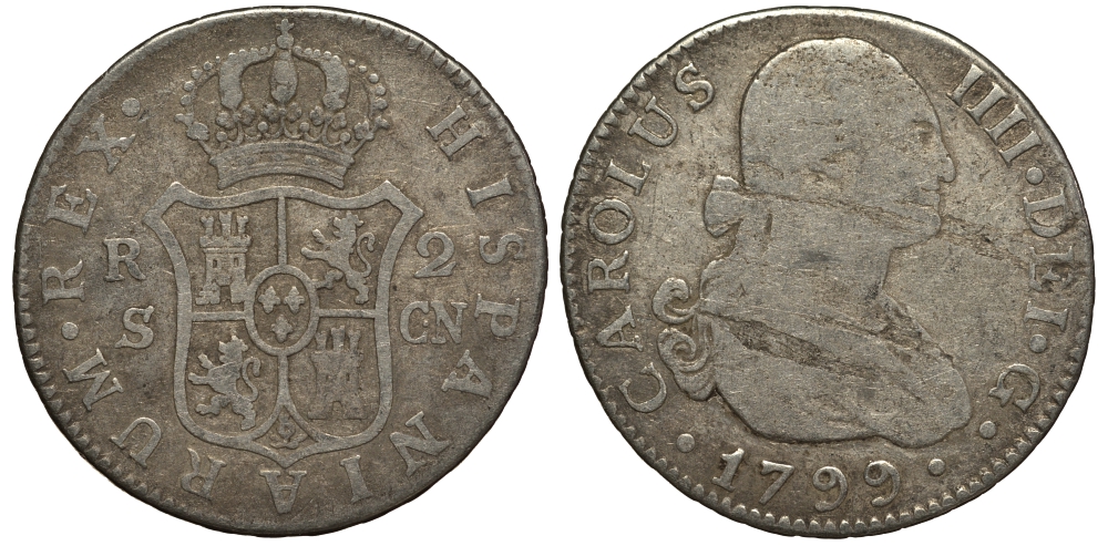 Испания 2 реала 1799 S CN, мондвор (Севилья), Карлос IIII (1788-1808) KM 430.2 (C69.2) серебро 650-942