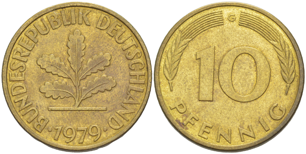 ФРГ 10 ПФЕННИГОВ 1979 G KM 108, J. 383 сталь плакированная латунью 4182-914