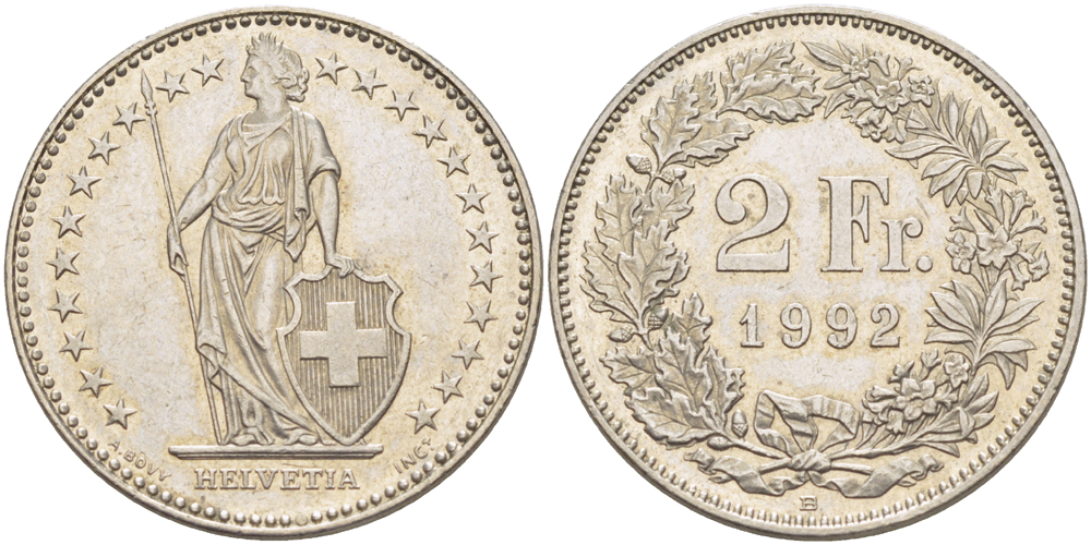 ШВЕЙЦАРИЯ 2 ФРАНКА 1992 В KM 21а.3 медно-никель 84-1122
