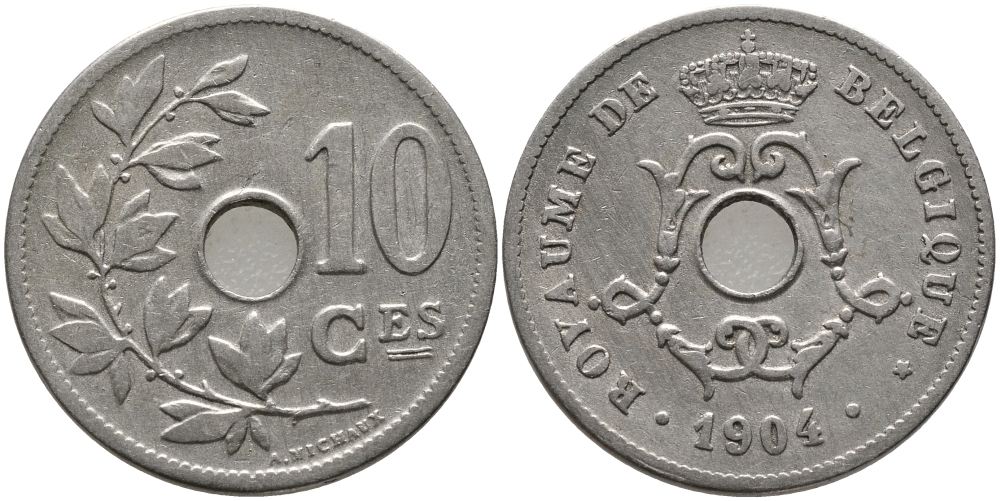 БЕЛЬГИЯ 10 САНТИМОВ 1904 BELGIQUE KM 52 медно-никель 4379-1431