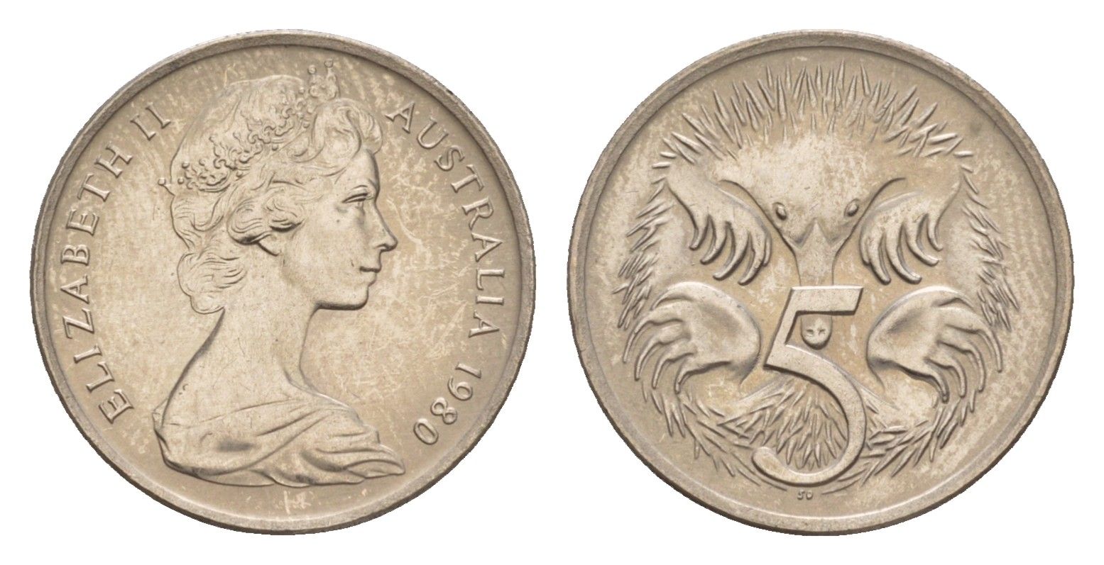 Австралия 5 центов 1980 Елизавета II (1952-2022) молодой портрет, ехидна KM 64 медно-никель 4655-1268