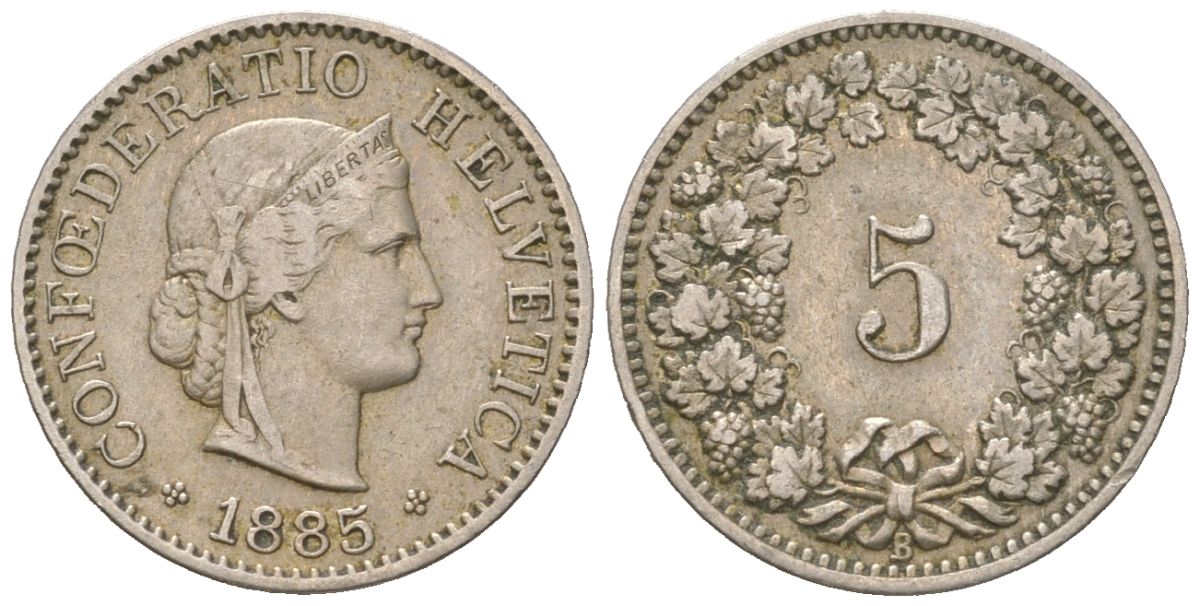 Швейцария 5 раппенов 1885 B KM 26 медно-никель 4158-459