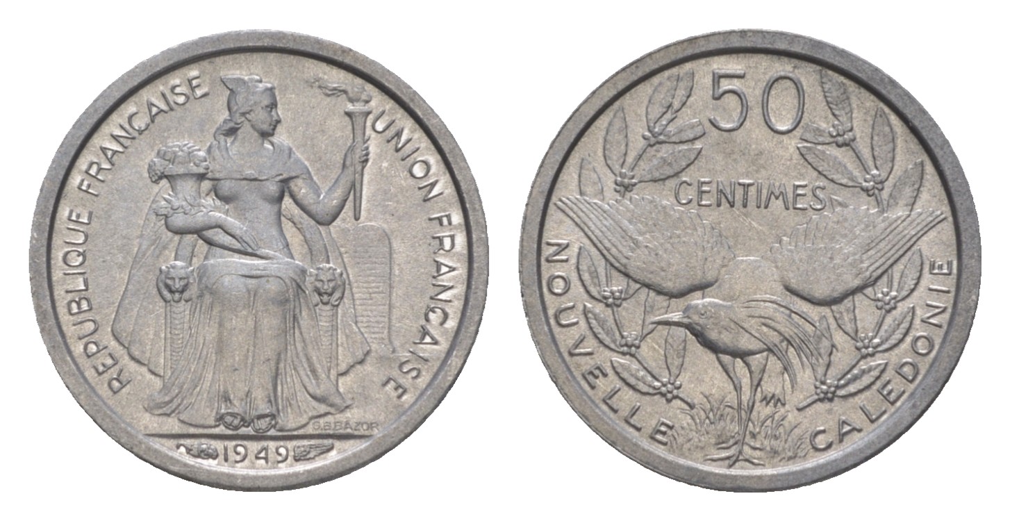 Французская Новая Каледония 50 сантимов 1949 птица кагу, заморские территории KM 1 алюминий  aUNC  4640-862