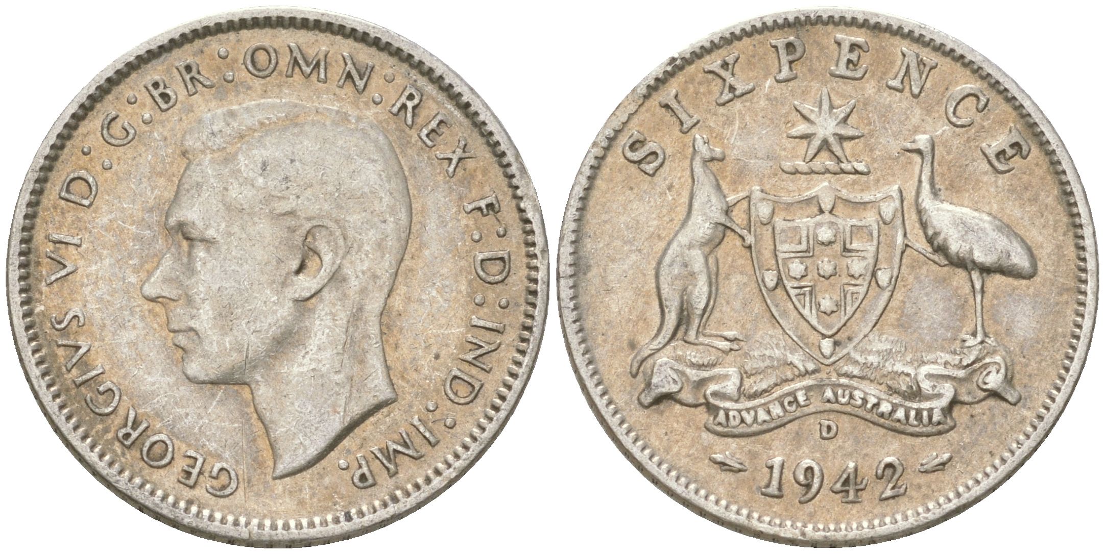 Австралия 6 пенсов 1942 D, Георг V (1936-1952) KM 38 серебро 4623-224