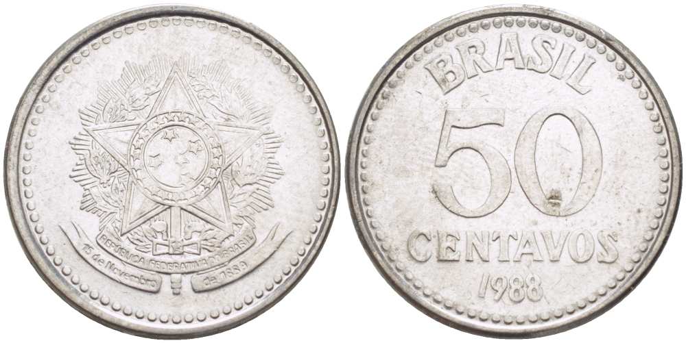 Бразилия 50 сентаво 1988 реформа 1986-1989 KM 604 нержавеющая сталь 3334-512