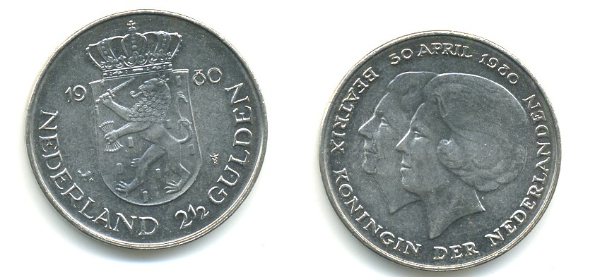 Нидерланды 2 1/2 гульдена 1980 коронация Беатрикс, 30 апреля 1980 KM 201 никель 84-1231
