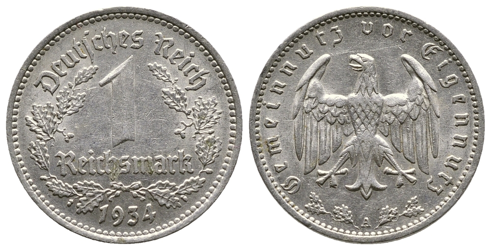ГЕРМАНИЯ 1 РЕЙХСМАРКА 1934 А KM 78, J. 354 никель 4380-514