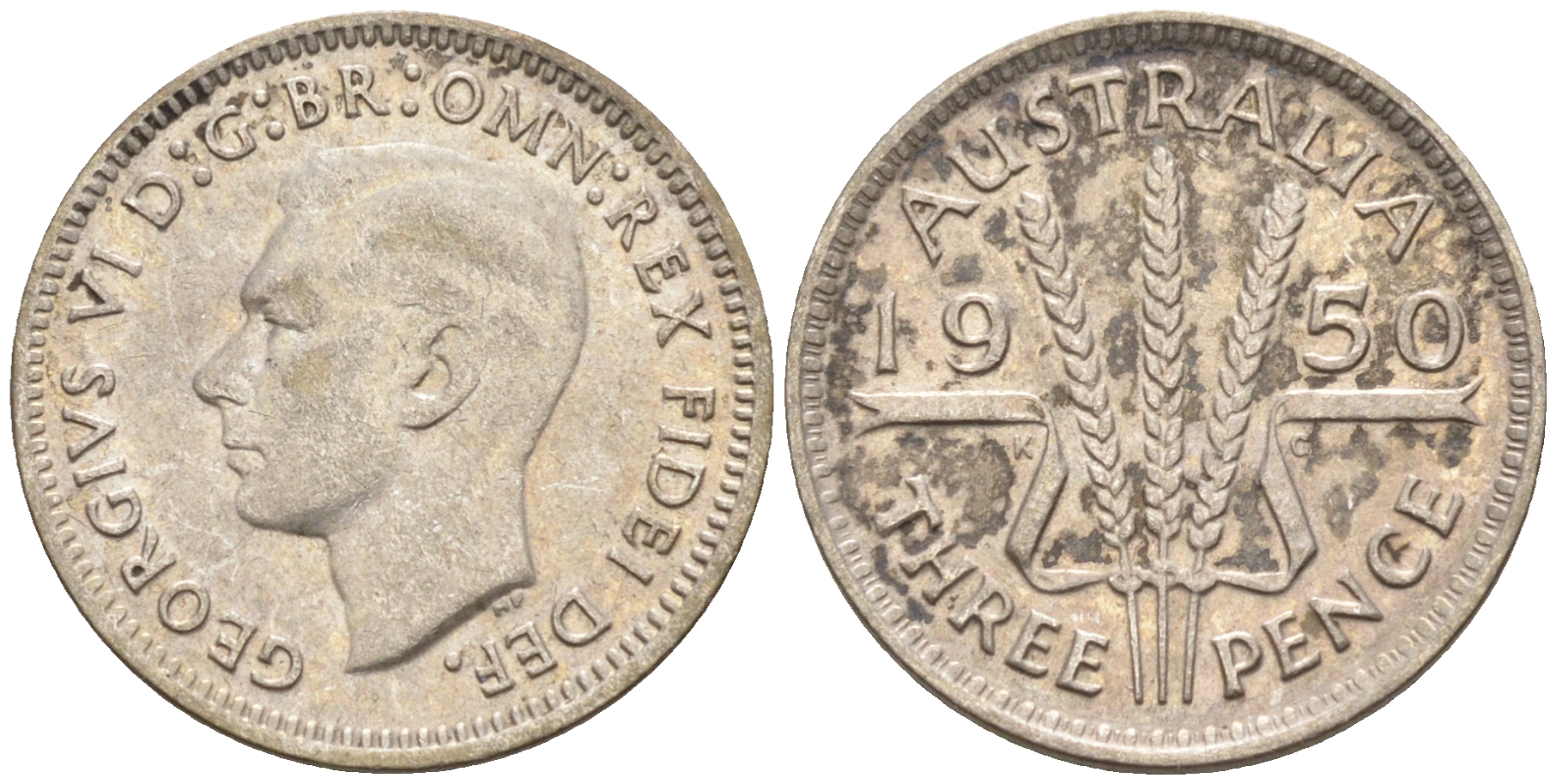 Австралия 3 пенса 1950 m, Георг VI (1937-1952) KM 44 серебро 4115-157