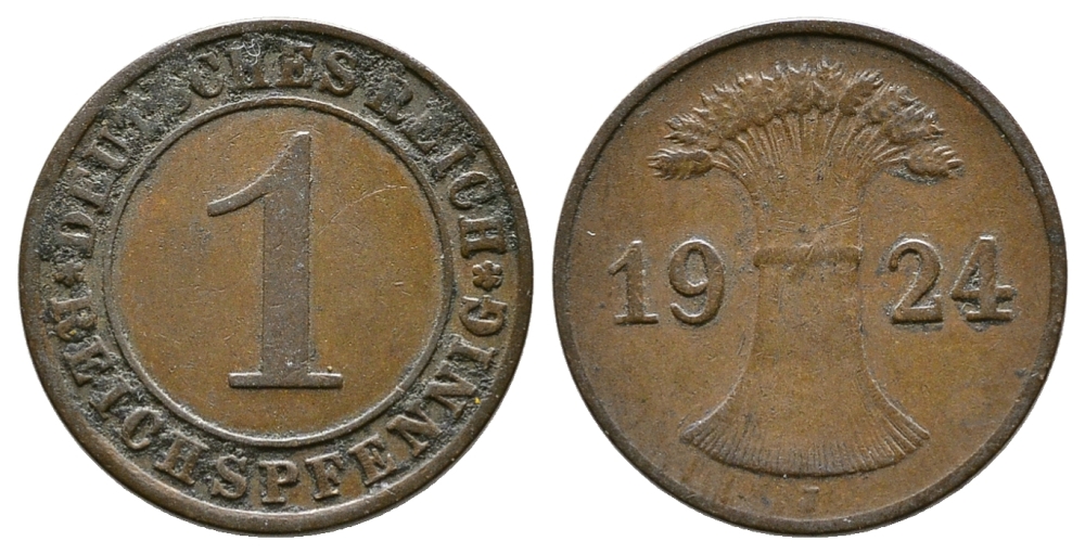 ГЕРМАНИЯ 1 РЕЙХСПФЕННИГ 1924 J KM 37, J.313 бронза 4380-1065