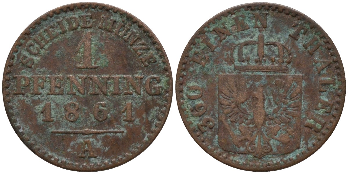 Пруссия 1 пфенниг 1861 А, Вильгельм I (1861-1888) KM 480 медь 4532-436