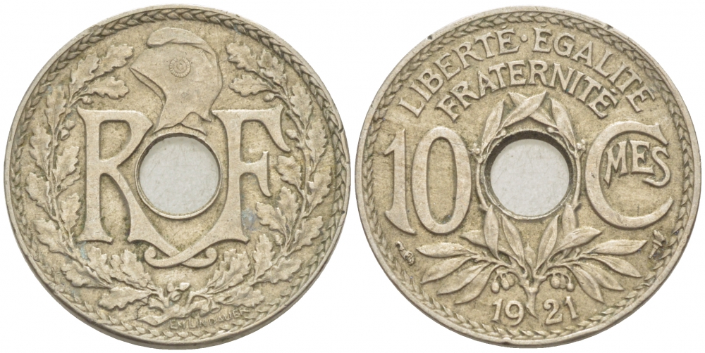 Франция 10 сантимов 1921 тип Линдайё KM 866a, Le Franc 138.3 медно-никель 77-857