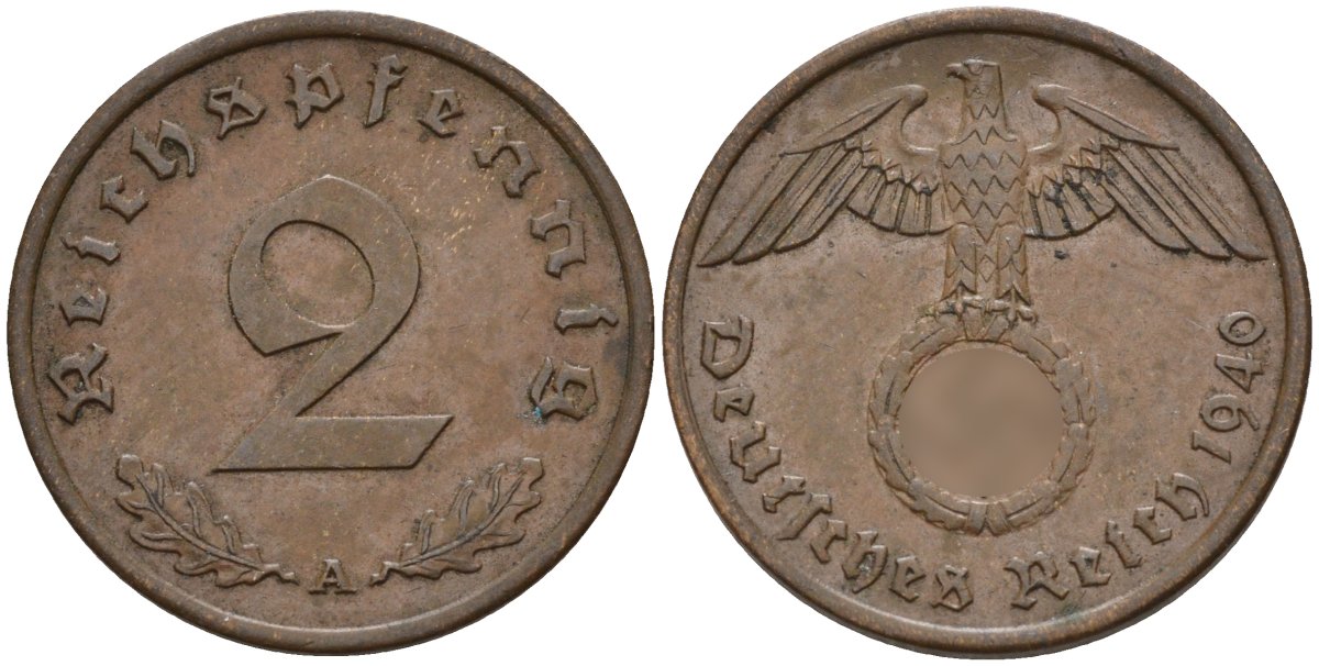 Германия 2 рейхспфеннига 1940 A KM 90, J. 362 бронза 4151-345
