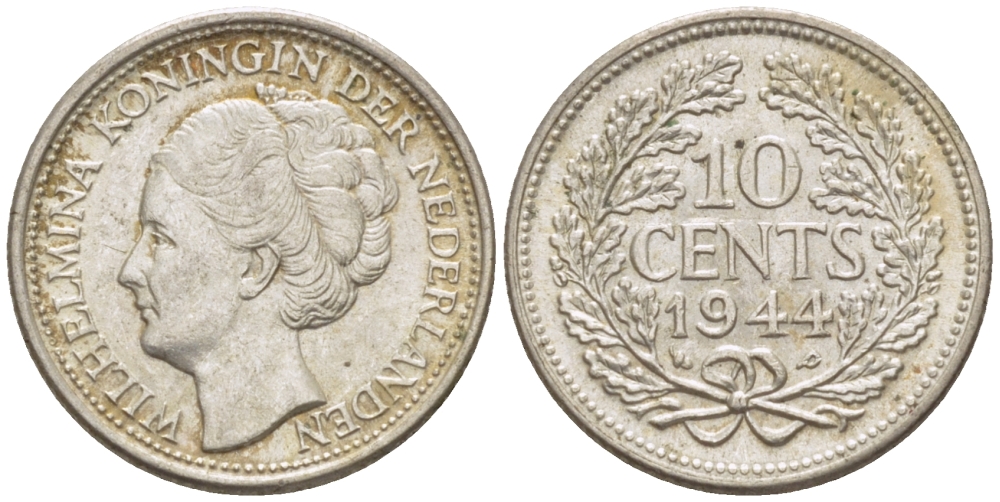 Нидерланды 10 центов 1944 Вильгельмина (1890-1948) KM 163 серебро aUNC 66-1257