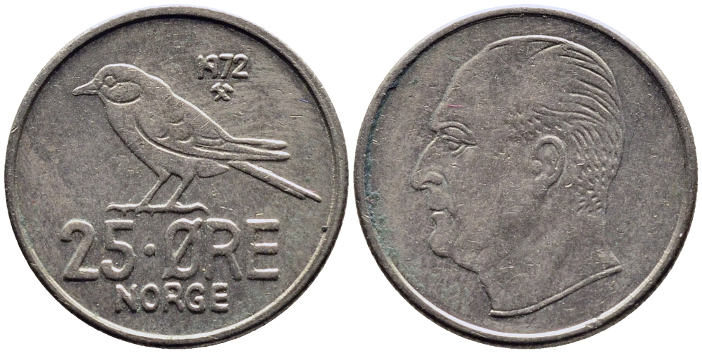 Норвегия 25 эре 1972 Улаф V (1958-1991), синица KM 407 медно-никель 4387-829