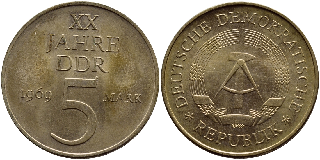 ГДР 5 марок 1969 А, 20 лет ГДР KM 22.1, J. 1524 никель бронза aUNC 59-611