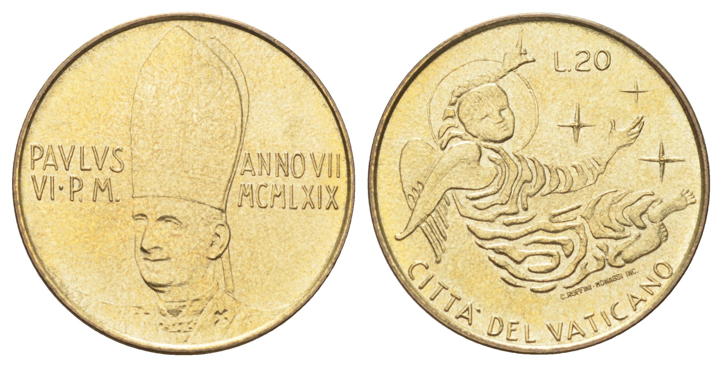 Ватикан 20 лир 1969 MCMLXIX, год-тип KM 112 алюминиевая бронза UNC 4701-515