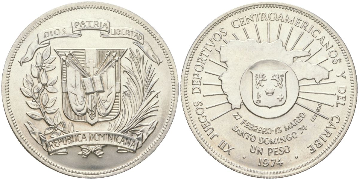 Доминиканская Республика 1 песо 1974 XII Центрально-Американские и Карибские игры KM 35 серебро UNC 1530-1015