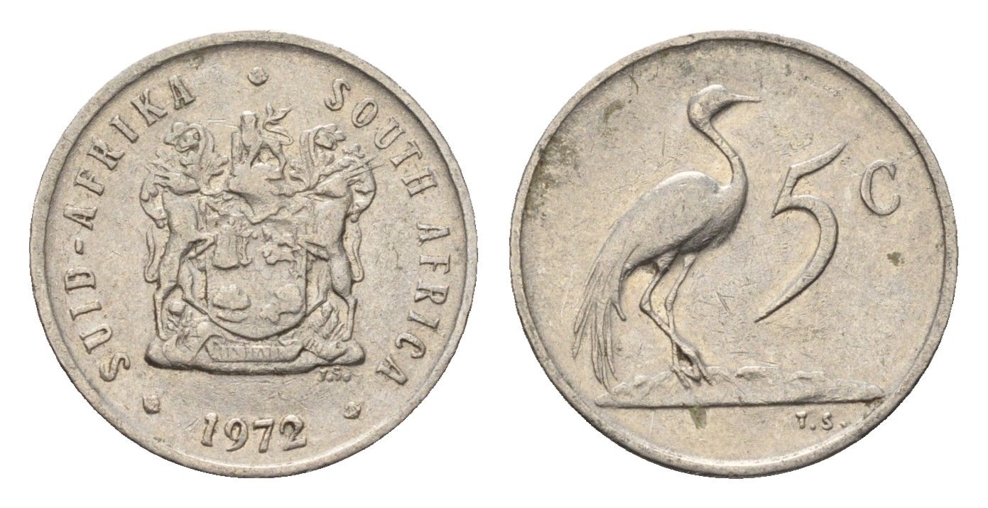 ЮАР 5 центов 1972 герб, райский журавль KM 84 никель 4694-435