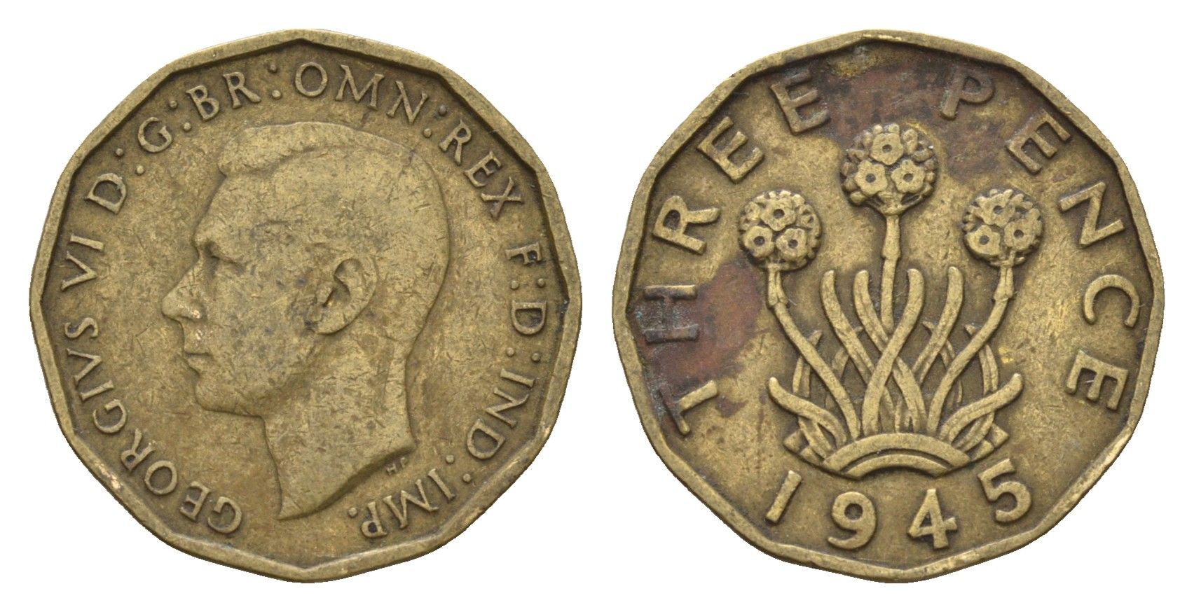 Великобритания 3 пенса 1945 Георг VI (1936-1952) KM 849, Spink 4112 никель латунь 4671-1151