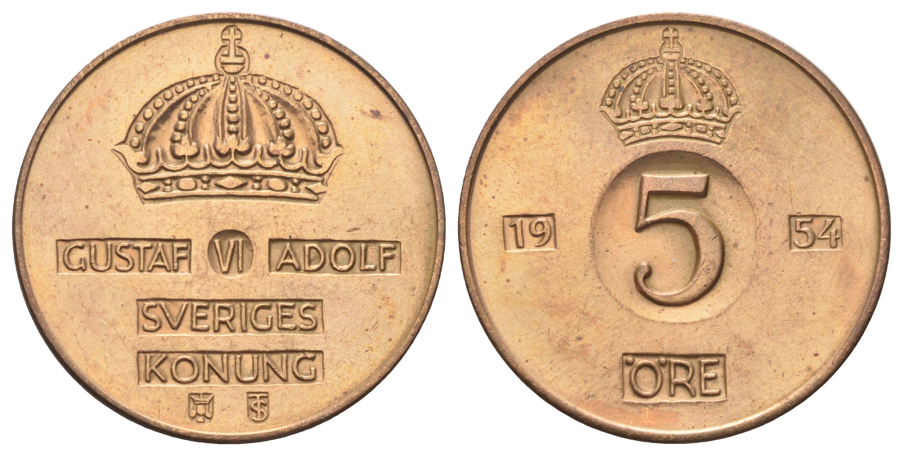 Швеция 5 эре 1954 Густав VI Адольф (1950-1973) KM 822 бронза 4700-734