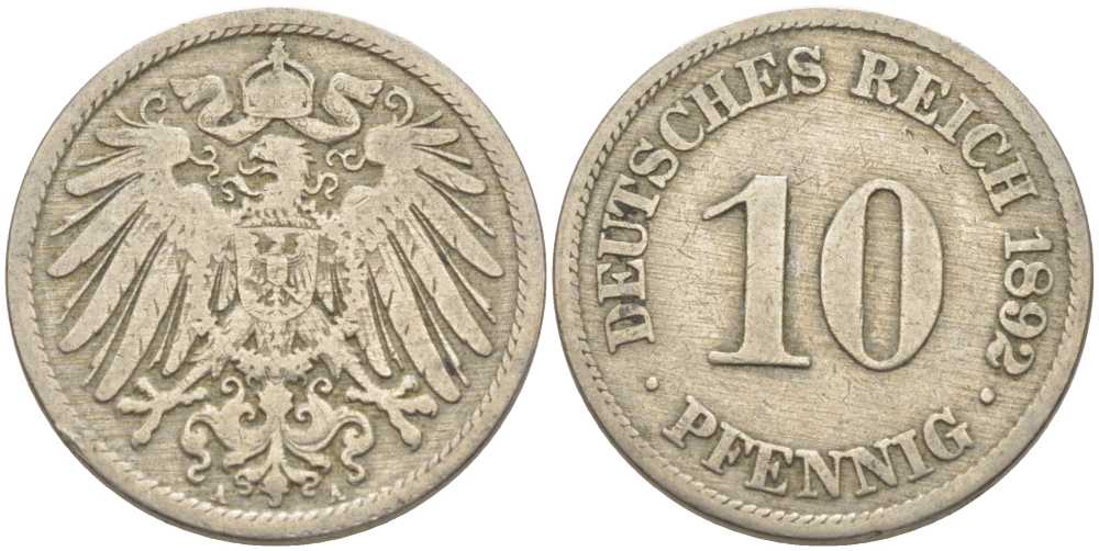 ГЕРМАНИЯ 10 ПФЕННИГОВ 1892 А KM 12, J. 13 медно-никель 210-625