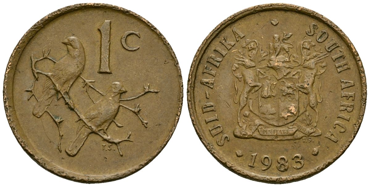 ЮАР 1 цент 1983 герб, капские воробьи KM 82 бронза 4136-849