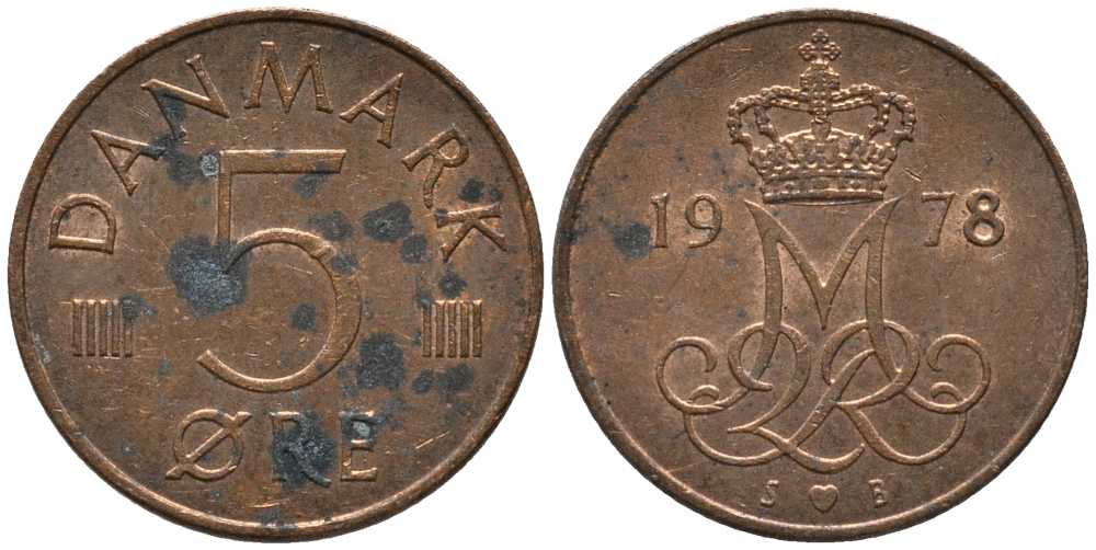 ДАНИЯ 5 ЭРЕ 1978 S; B, МАРГРЕТЕ II (1972-) KM 859.1 железо плакированное медью 116-155