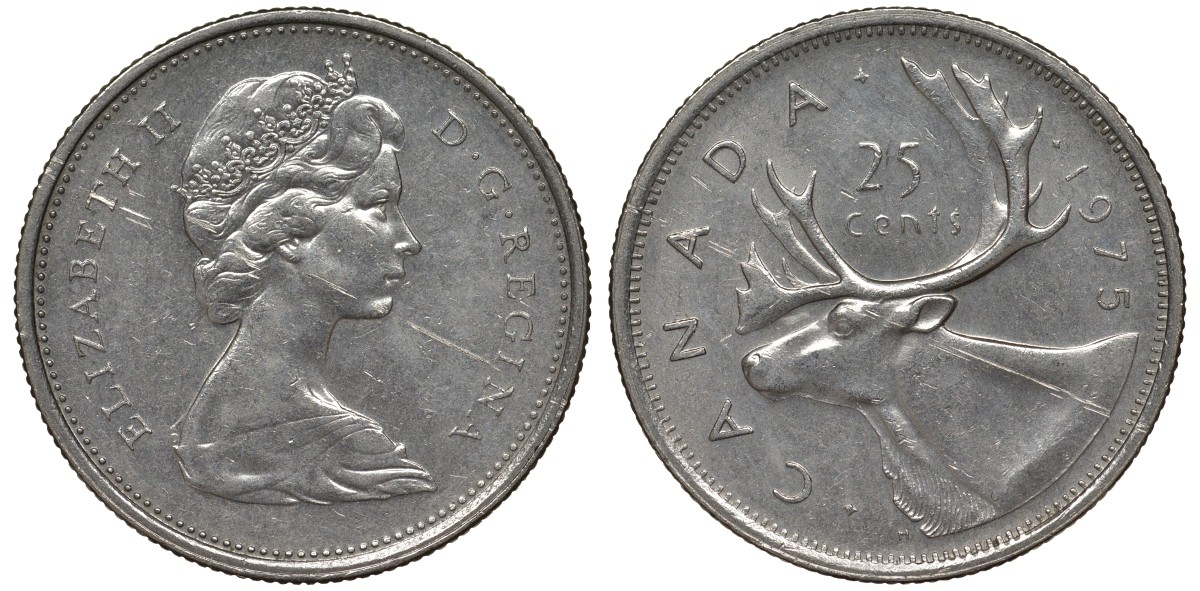 Канада 25 центов 1975 олень карибу, Елизавета II (1952-) KM 62b никель 4128-646