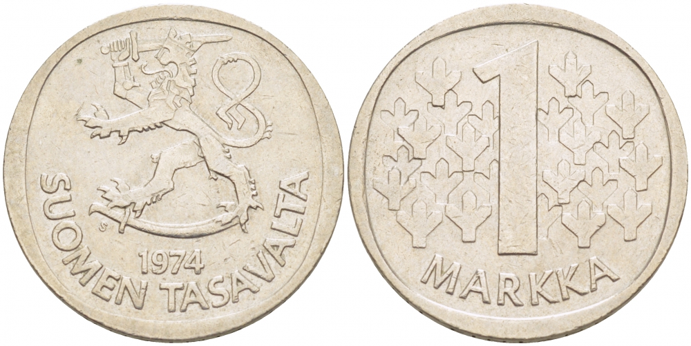 ФИНЛЯНДИЯ 1 МАРКА 1974 S KM 49а медно-никель UNC 3718-1212