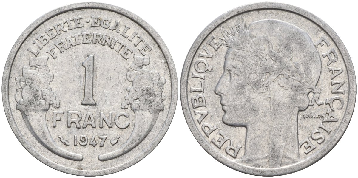 Франция 1 франк 1947 KM 885a.1 алюминий 4142-951