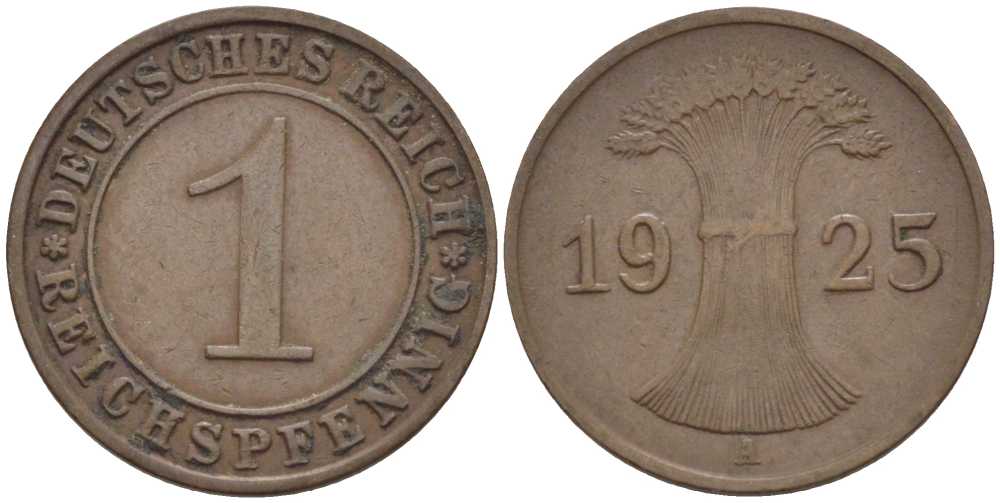 ГЕРМАНИЯ 1 РЕЙХСПФЕННИГ 1925 A KM 37, J. 313, Weege 2 бронза 211-115